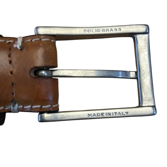 Peter Elliot Tan Leather Belt 34” Silver-Tone Brass Buckle Contrast Stitch Italy - Picture 5 of 16